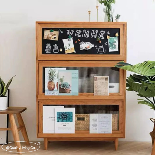 北歐實木書櫃 帶黑板玻璃櫃翻門收納展示櫃